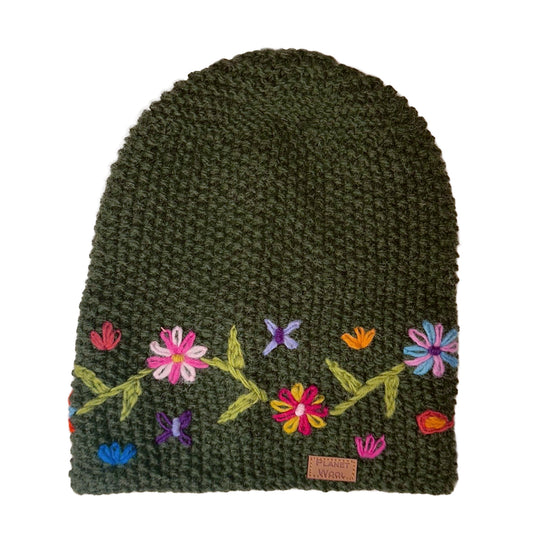 Planet wool - Long flower hat | wollen muts met vrolijke bloemen