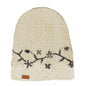 Planet wool - Long flower hat | wollen muts met bloemen Off-white black flowers