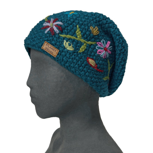 Planet wool - Long flower hat | wollen muts met bloemen